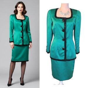 VTG 90s D'ore Della Roufogali Green Satin Beaded Skirt Suit Set 6 Event Gala MCM